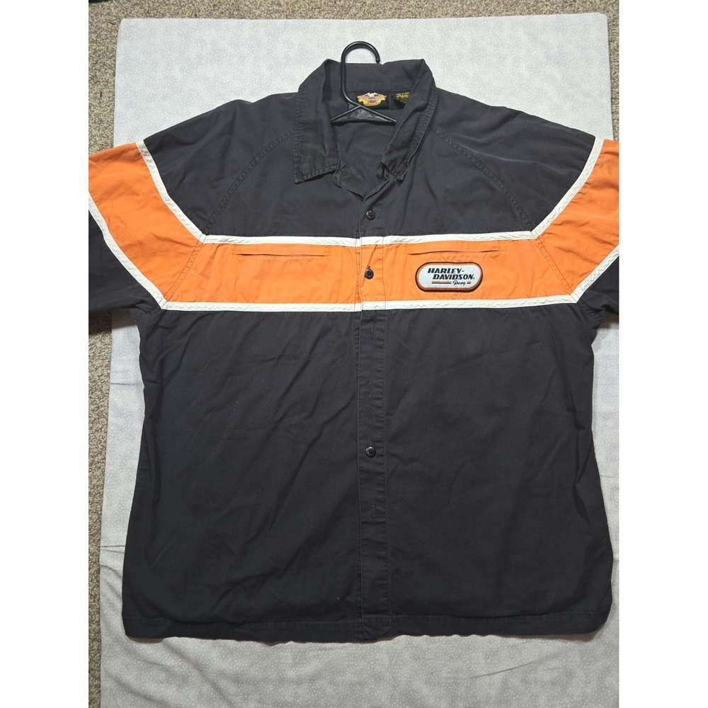 Harley-Davidson Racing Short Sleeve Button Up Men's XL Black/Orange Colorblock